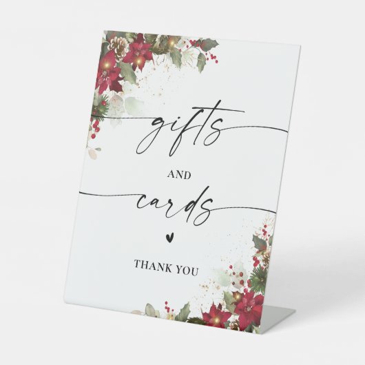 Rustieke Pine Poinsettia Huwelijkscadeaus en Kaart Reclamebord Met Voetstuk (Voorkant)