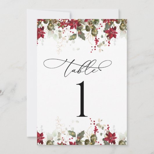 Rustieke Pine Poinsettia Trouwtafel Nummer Kaart (Voorkant)