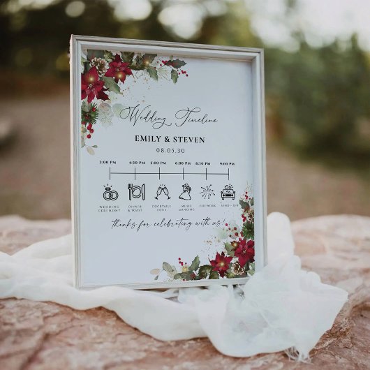 Rustieke Pine Poinsettia Wedding Tijdlijn Teken Reclamebord Met Voetstuk