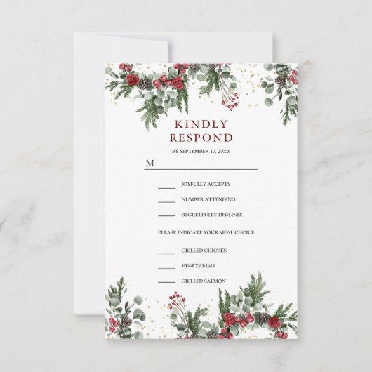 Rustieke Pine Rode Bloemen Kerstbruiloft RSVP Kaartje (Voorkant)