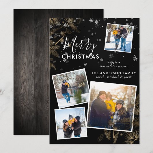 Rustieke Pine Sprigs Christmas 4 Photo Collage Kaa Feestdagenkaart (Voorkant / Achterkant)