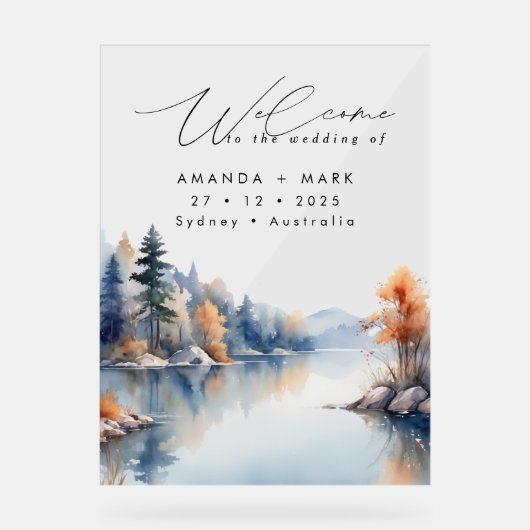 Rustieke Pine Tree Adventure bruiloft Acryl Bord (Voorkant)