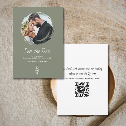 Rustieke Pine Tree Casual Sage Green Wedding Save The Date