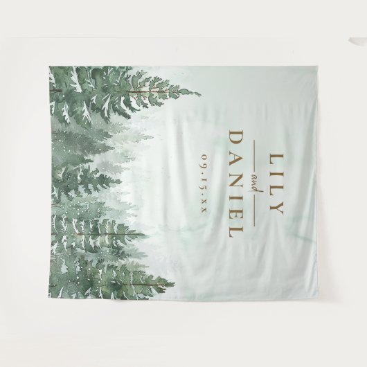 Rustieke Pine Tree Forest bruiloft foto achtergron Wandkleed (Voorkant (horizontaal))