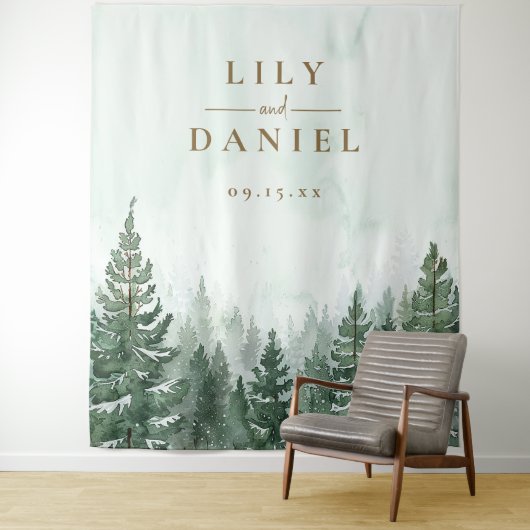 Rustieke Pine Tree Forest bruiloft foto achtergron Wandkleed (In situ)