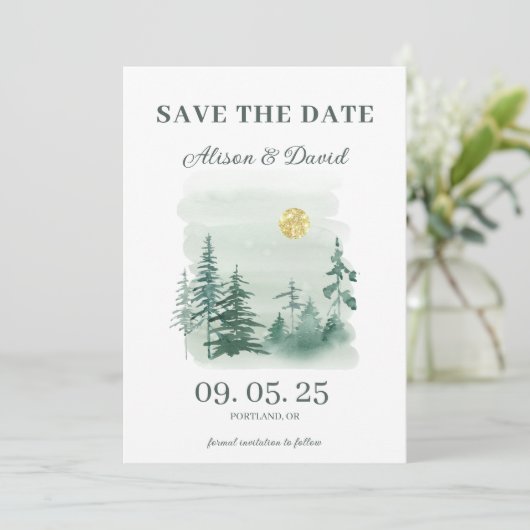 Rustieke Pine Tree Foto Bruiloft Save the Date Kaart (Staand voorkant)
