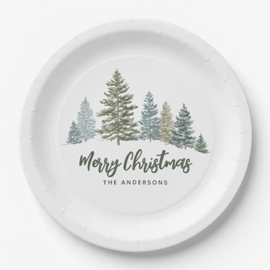 Rustieke Pine Tree Kerstmis Papieren Bordje (Voorkant)