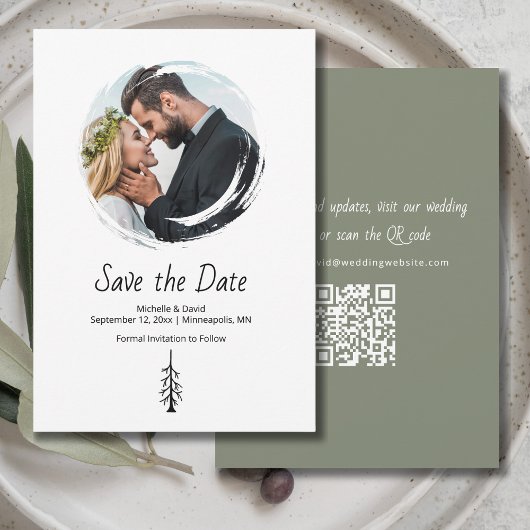 Rustieke Pine Tree Sage Green Casual bruiloft Save The Date