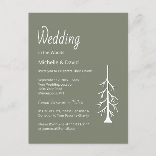 Rustieke Pine Tree Sage Green Casual bruiloft Uitnodiging Briefkaart (Voorkant)