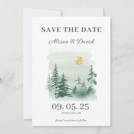 Rustieke Pine Tree Winter Bruiloft Save the Date Kaart (Voorkant)