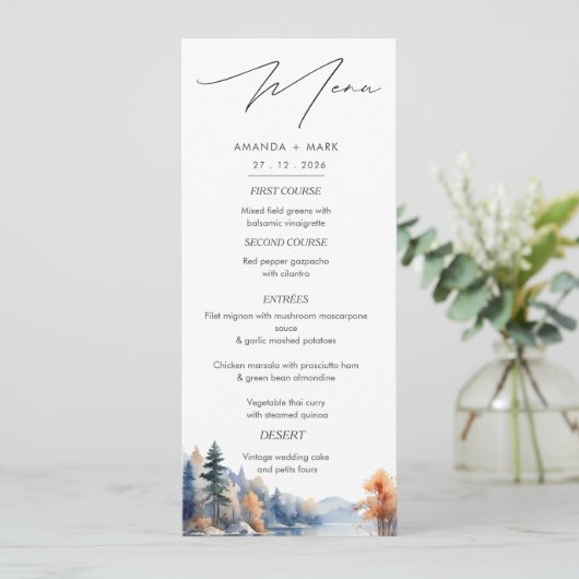 Rustieke Pine Trees Adventure Wedding Menu (Staand voorkant)