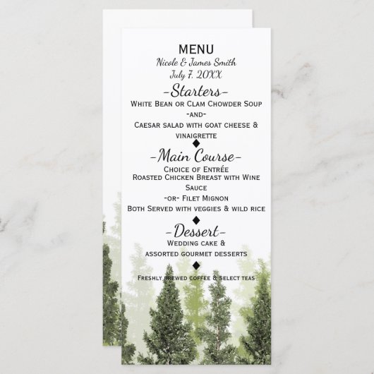 Rustieke Pine Trees Eenvoudig Country Wedding Menu (Voorkant / Achterkant)