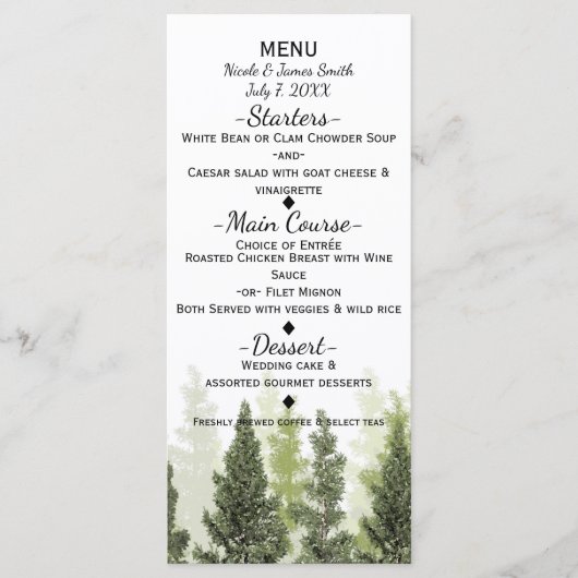 Rustieke Pine Trees Eenvoudig Country Wedding Menu (Voorkant)