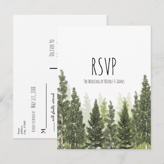 Rustieke Pine Trees Eenvoudige Country Wedding RSV Uitnodiging Briefkaart (Voorkant / Achterkant)