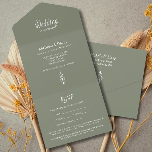 Rustieke Pine Trees Eenvoudige Sage Green Wedding All In One Uitnodiging