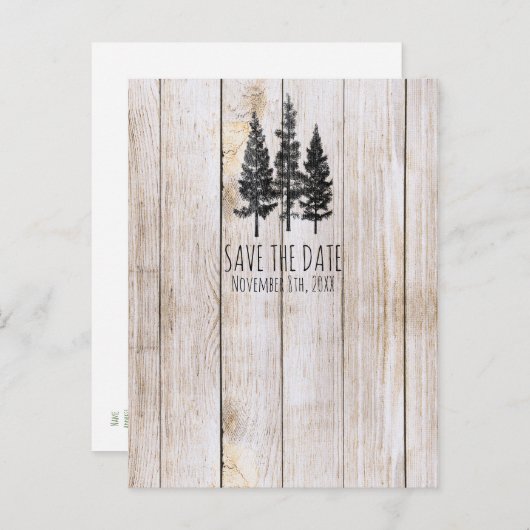 Rustieke Pine Trees Houten Land Save the Date Aankondigingskaart (Voorkant / Achterkant)