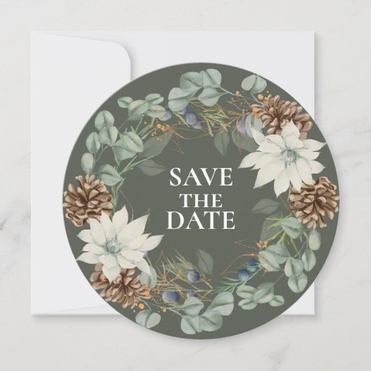 Rustieke Pinecone Botanical op Groen SAVE DE DATUM The Date (Voorkant)