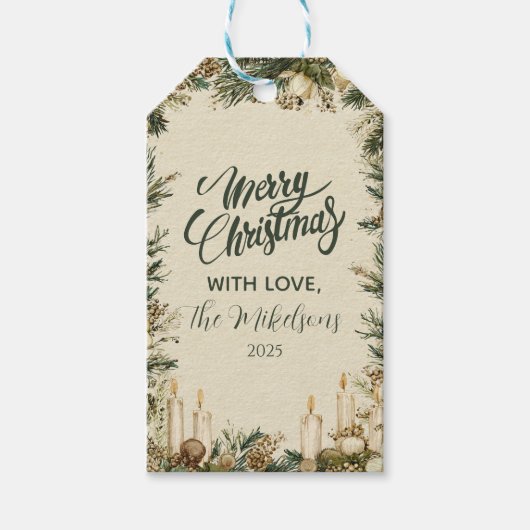 Rustieke Pinecone Candle Kerstmis Cadeaulabel (Voorkant)