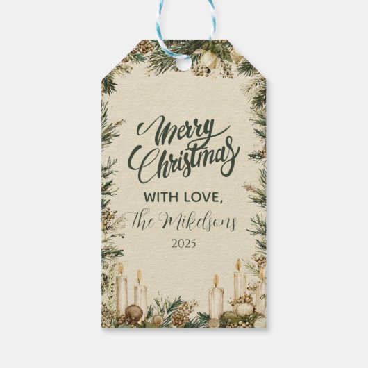 Rustieke Pinecone Candle Kerstmis Cadeaulabel (Achterkant)