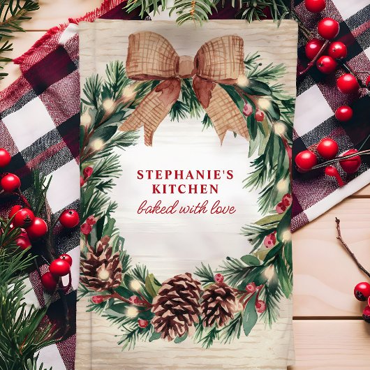 Rustieke Pinecone Kerstkrans gepersonaliseerd Theedoek