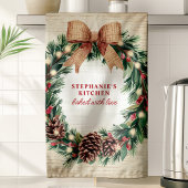 Rustieke Pinecone Kerstkrans gepersonaliseerd Theedoek