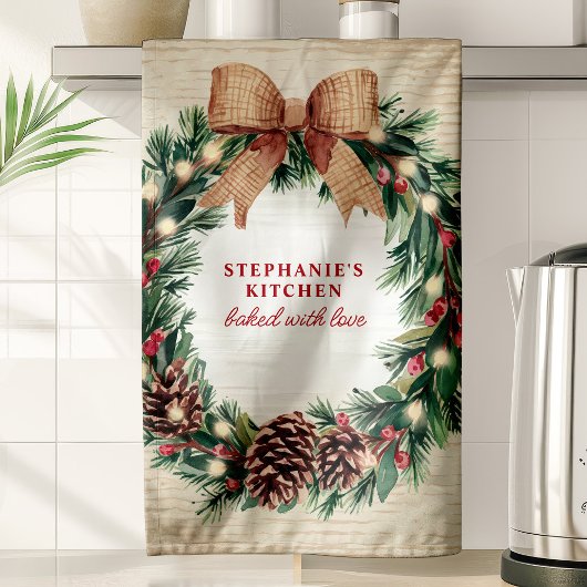 Rustieke Pinecone Kerstkrans gepersonaliseerd Theedoek