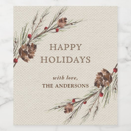 Rustieke Pinecone Kerstvakantie Wijn Etiket (Enkel label)