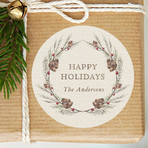 Rustieke Pinecone krans Kerstvakantie Ronde Sticker
