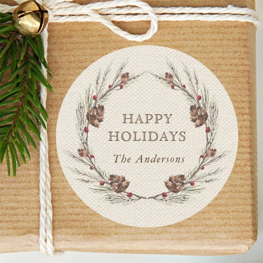 Rustieke Pinecone krans Kerstvakantie Ronde Sticker
