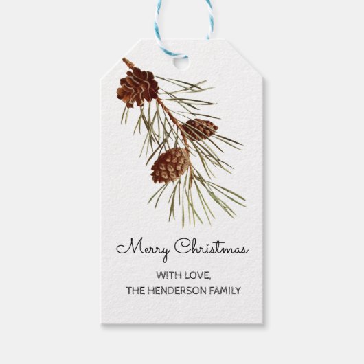 Rustieke Pinecone Waterverf Vrolijk Kerstfeest Cadeaulabel (Voorkant)