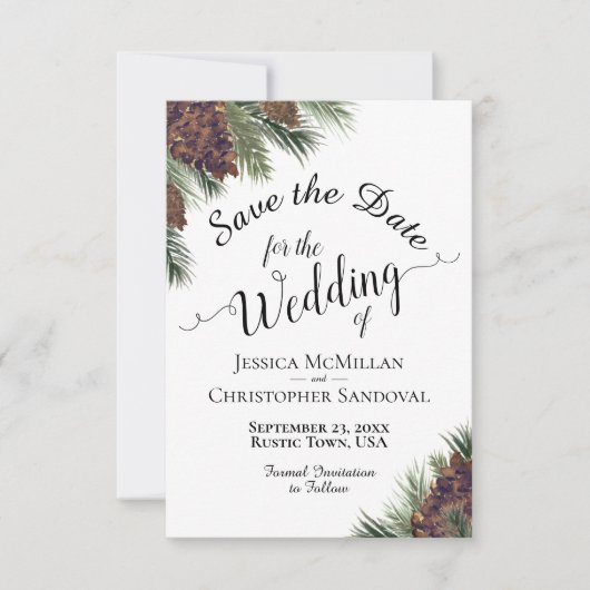 Rustieke Pinecones Elegante Kalligrafie Bruiloft Save The Date (Voorkant)