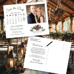 Rustieke Pinecones Foto & Kalender Sla de datum op Aankondigingskaart<br><div class="desc">Deze rustieke bruiloft Save the Date briefkaart heeft een elegant waterverf ontwerp met een boeket van pinecones en dennentakken in tinten van bosgroen en kastanjebruin. De linkerkant van de kaart heeft een aanpasbare kalender met een hart rond uw trouwdatum, evenals ruimte voor uw namen, de locatie en een korte notitie...</div>