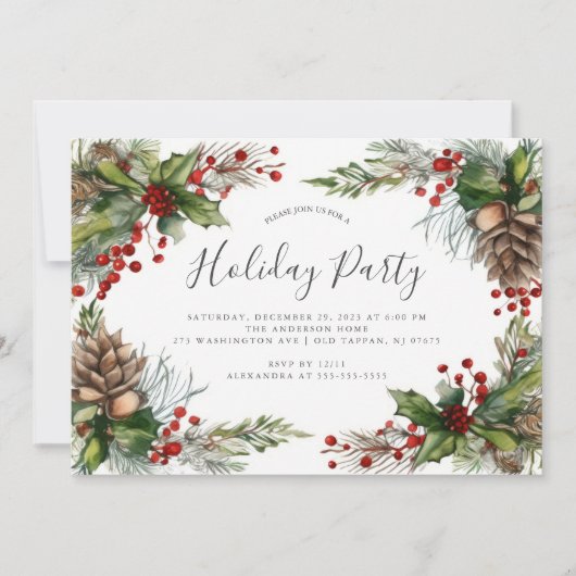 Rustieke Pinecones Holly Berry Kerstfeest Kaart (Voorkant)