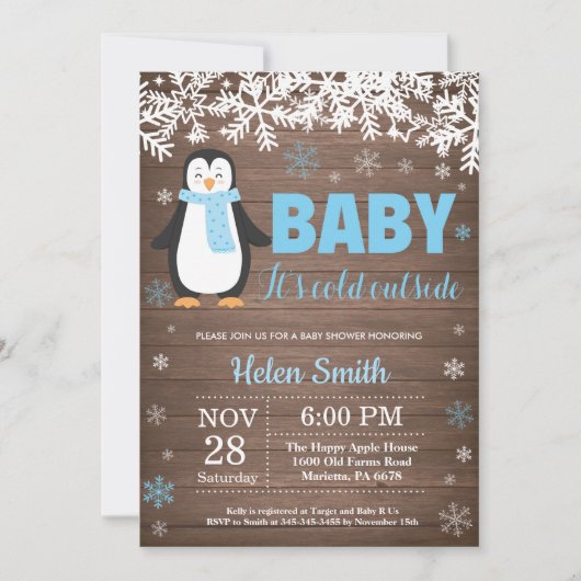 Rustieke Pinguïn Winter Jongen Baby Shower Uitnodi Kaart (Voorkant)