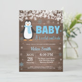 Rustieke Pinguïn Winter Jongen Baby Shower Uitnodi Kaart (Staand voorkant)