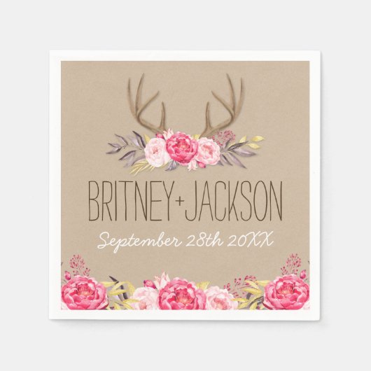 Rustieke Pioen en Herten Antler bruiloft servetten (Voorkant)