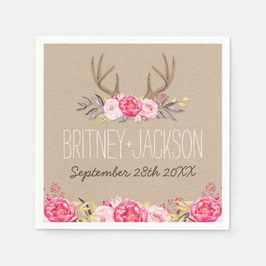 Rustieke Pioen en Herten Antler bruiloft servetten (Voorkant)