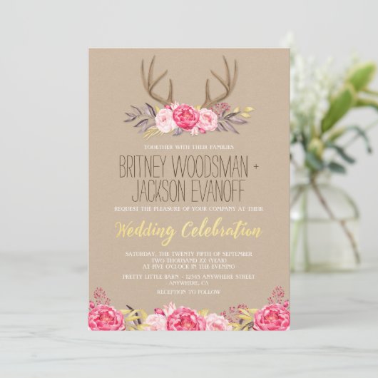 Rustieke Pioen en Herten Antler bruiloft uitnodigi Kaart (Staand voorkant)