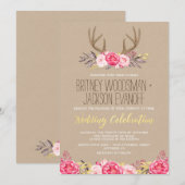 Rustieke Pioen en Herten Antler bruiloft uitnodigi Kaart (Voorkant / Achterkant)