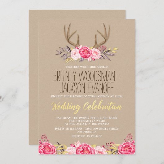Rustieke Pioen en Herten Antler bruiloft uitnodigi Kaart (Voorkant / Achterkant)