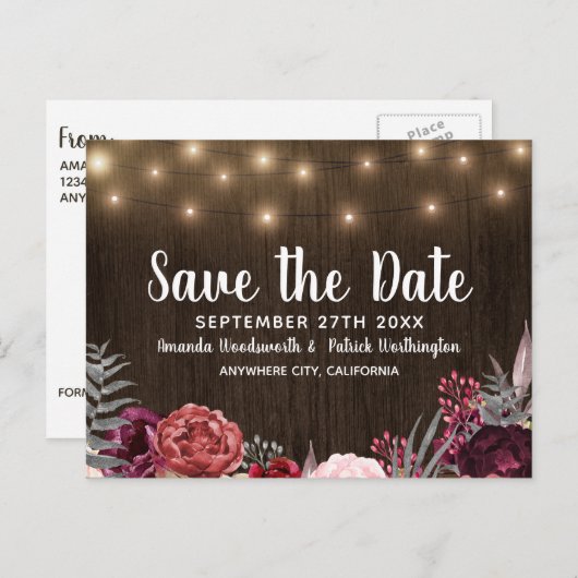 Rustieke Pioen Marsala Land Save The Date Cards Aankondigingskaart (Voorkant / Achterkant)
