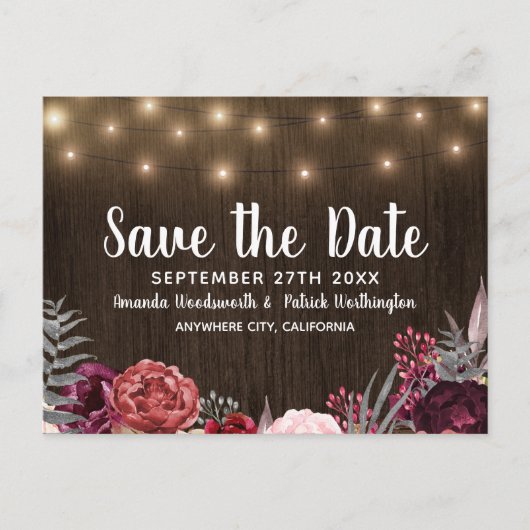 Rustieke Pioen Marsala Land Save The Date Cards Aankondigingskaart (Voorkant)