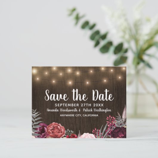 Rustieke Pioen Marsala Land Save The Date Cards Aankondigingskaart (Staand voorkant)