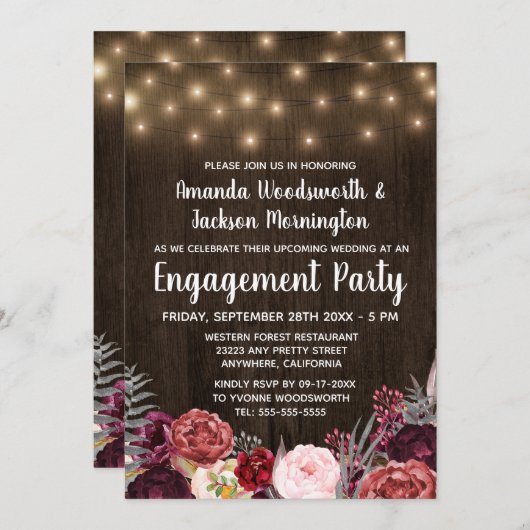 Rustieke Pioen Marsala Verlovingsfeestuitnodiginge Kaart (Voorkant / Achterkant)