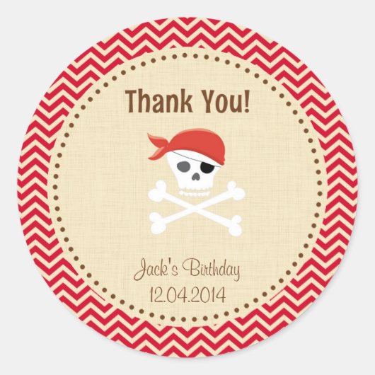 Rustieke Piraat Verjaardag Dank u Sticker Rood (Voorkant)