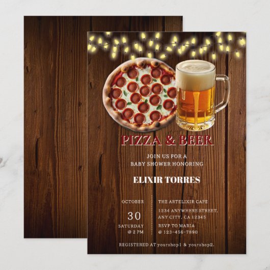 Rustieke Pizza & Bier Baby Shower Kaart (Voorkant / Achterkant)