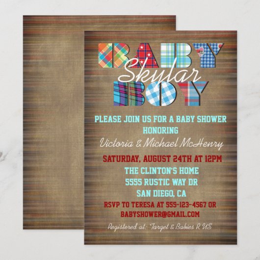 Rustieke Plaid Baby Boy Baby Douche Uitnodigingen (Voorkant / Achterkant)