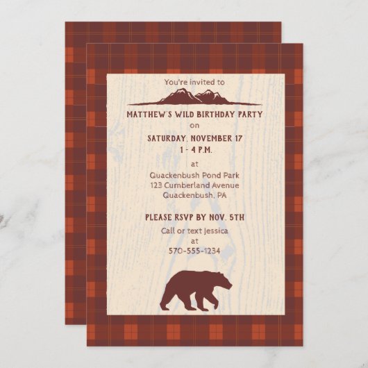 Rustieke Plaid Beer en Mountain verjaardagsfeest Kaart (Voorkant / Achterkant)
