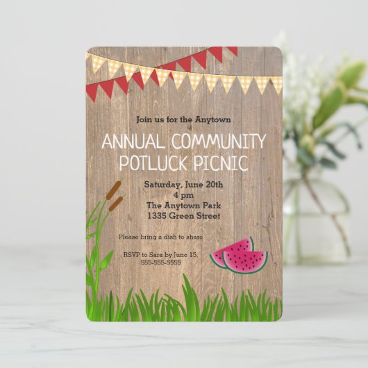 Rustieke Plaid Community Potluck Picknickuitnodigi Kaart (Staand voorkant)