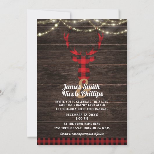 Rustieke Plaid Deer Antlers Hout & String Lights Kaart (Voorkant)